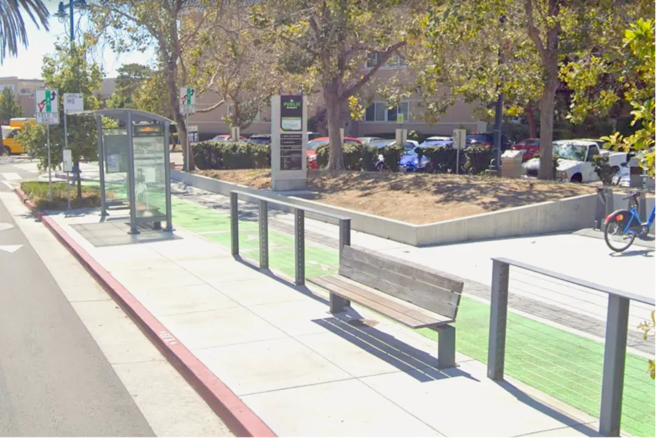 Google Maps view of bus stop wth bench and shelter in Emeryville, California